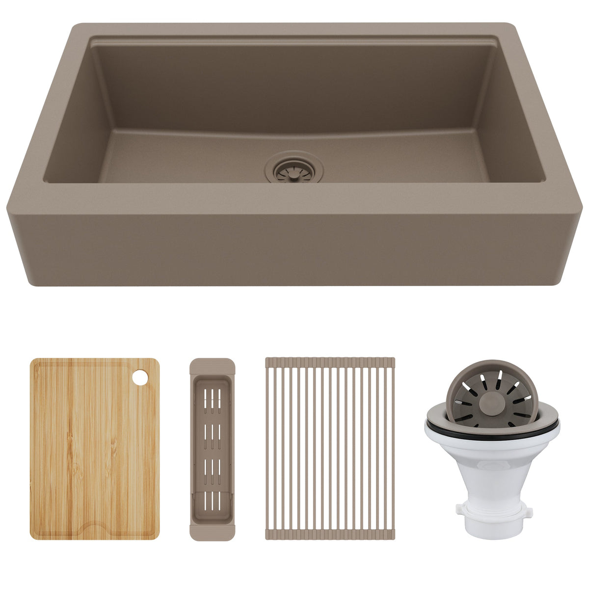 34" Apron Front Single Bowl Quartz Kitchen Sink Kit In Concrete
