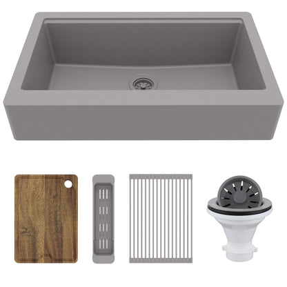 34" Apron Front Single Bowl Quartz Kitchen Sink Kit In Grey