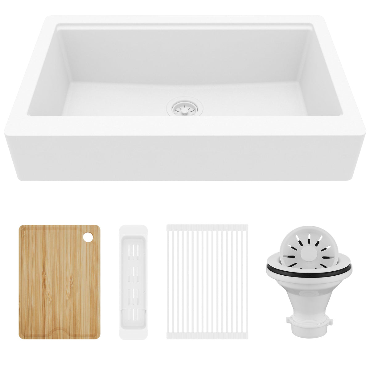 34" Apron Front Single Bowl Quartz Kitchen Sink Kit In White