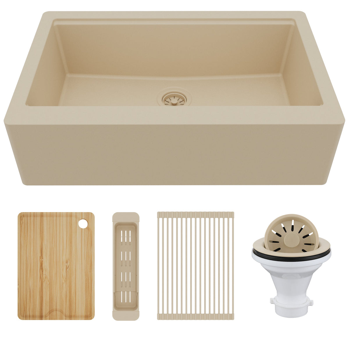 34" Deep Apron Front Single Bowl Quartz Kitchen Sink Kit In Bisque