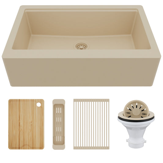 34" Deep Apron Front Single Bowl Quartz Kitchen Sink Kit In Bisque