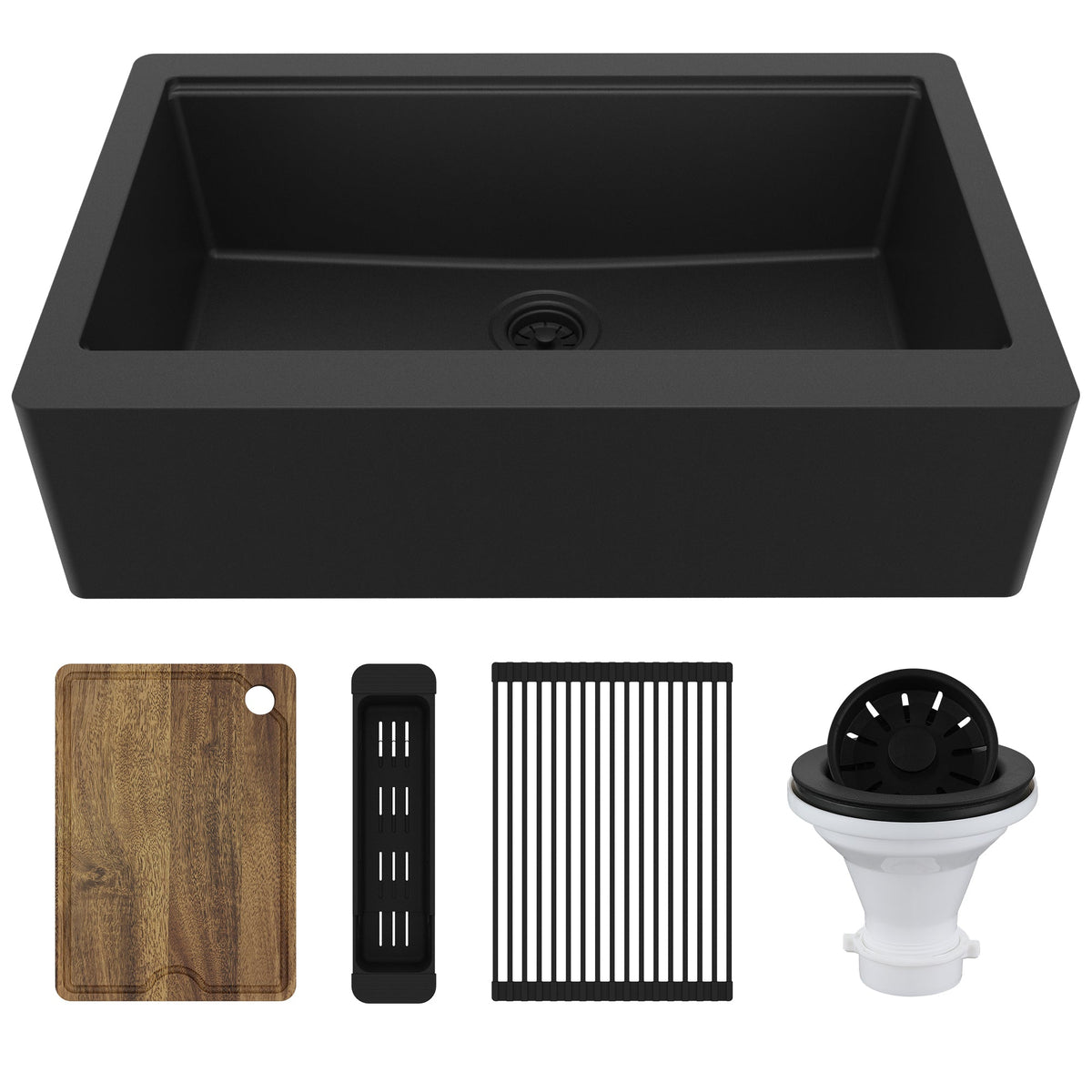 34" Deep Apron Front Single Bowl Quartz Kitchen Sink Kit In Black