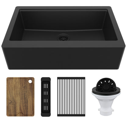 34" Deep Apron Front Single Bowl Quartz Kitchen Sink Kit In Black