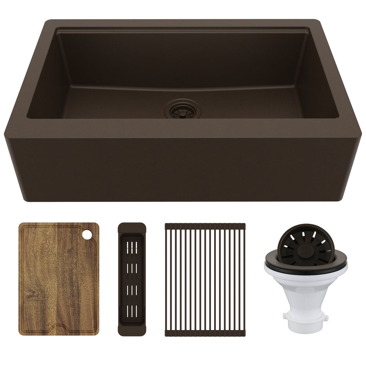 34" Deep Apron Front Single Bowl Quartz Kitchen Sink Kit In Brown