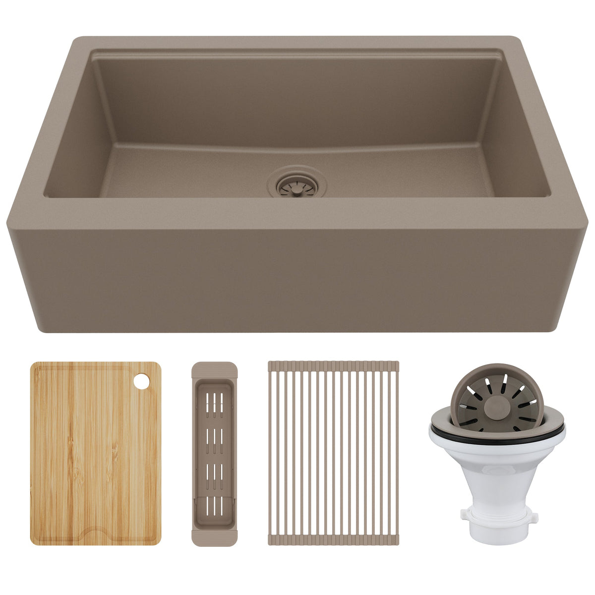34" Deep Apron Front Single Bowl Quartz Kitchen Sink Kit In Concrete