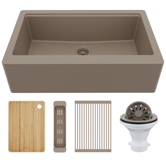 34" Deep Apron Front Single Bowl Quartz Kitchen Sink Kit In Concrete