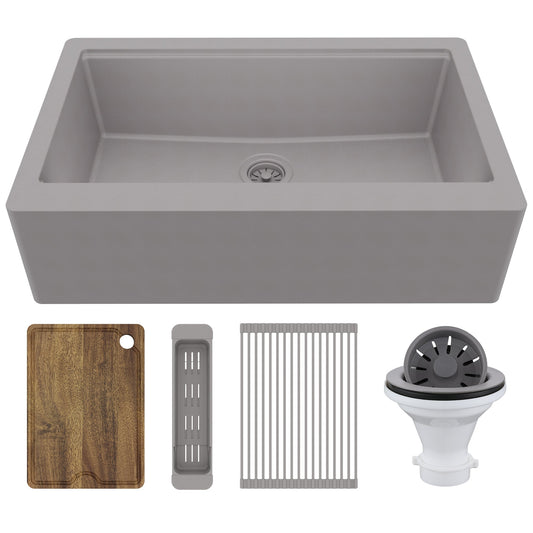 34" Deep Apron Front Single Bowl Quartz Kitchen Sink Kit In Grey