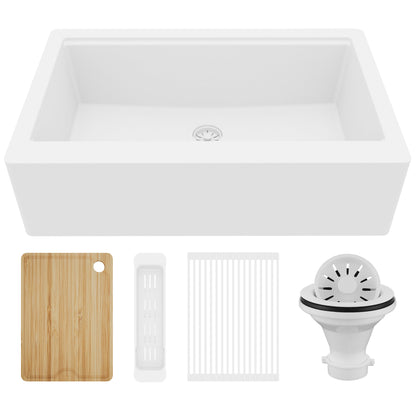 34" Deep Apron Front Single Bowl Quartz Kitchen Sink Kit In White
