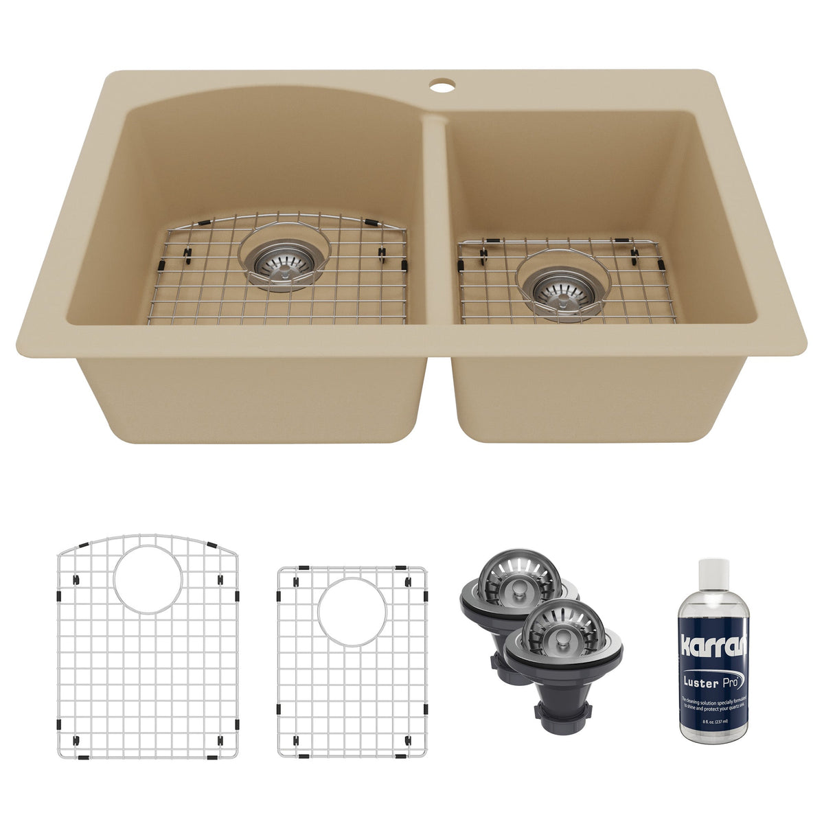 33" Top Mount Double Offset Bowl Quartz Composite Kitchen Sink Kit In Bisque