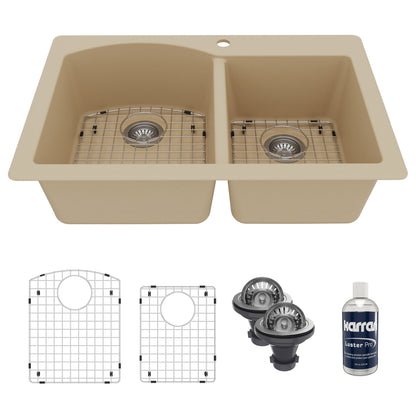 33" Top Mount Double Offset Bowl Quartz Composite Kitchen Sink Kit In Bisque