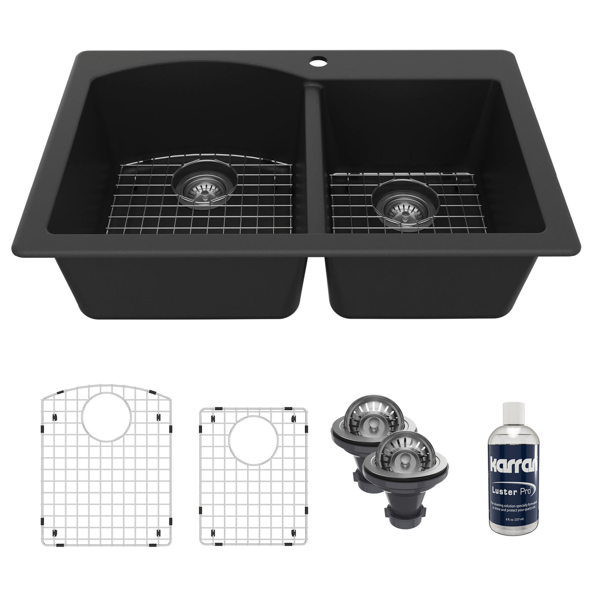 33" Top Mount Double Offset Bowl Quartz Composite Kitchen Sink Kit In Black