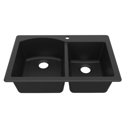 33" Top Mount Double Offset Bowl Quartz Composite Kitchen Sink In Black