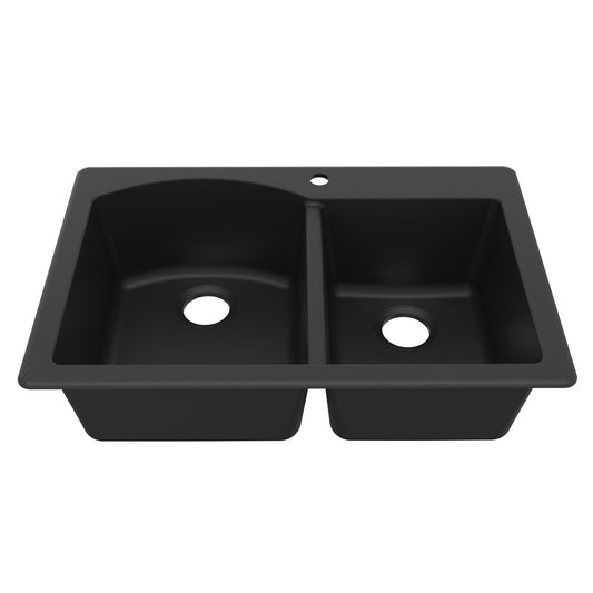 33" Top Mount Double Offset Bowl Quartz Composite Kitchen Sink In Black