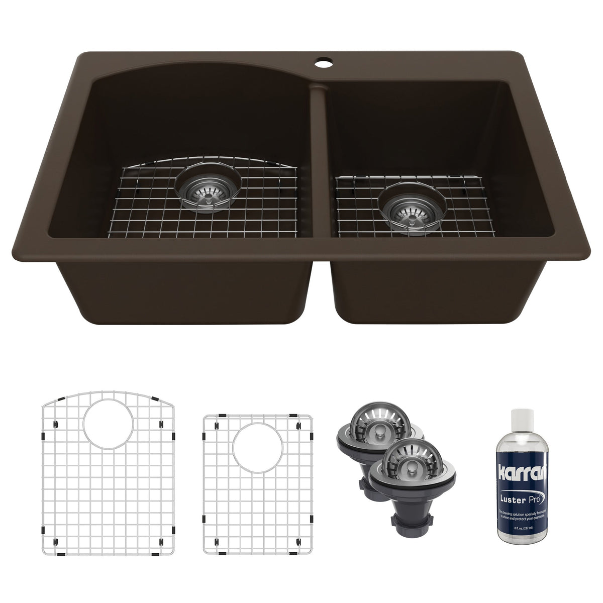 33" Top Mount Double Offset Bowl Quartz Composite Kitchen Sink Kit In Brown