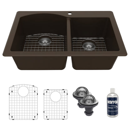 33" Top Mount Double Offset Bowl Quartz Composite Kitchen Sink Kit In Brown