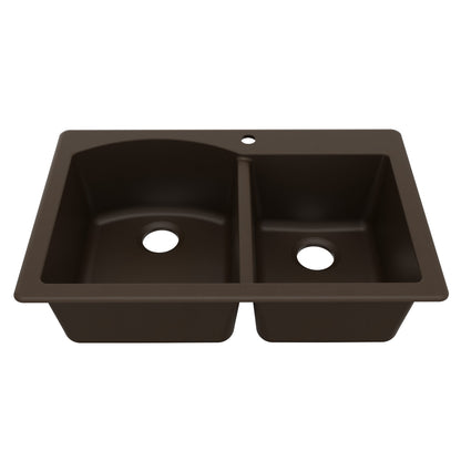 33" Top Mount Double Offset Bowl Quartz Composite Kitchen Sink In Brown