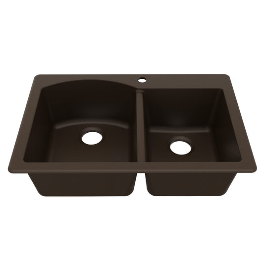 33" Top Mount Double Offset Bowl Quartz Composite Kitchen Sink In Brown
