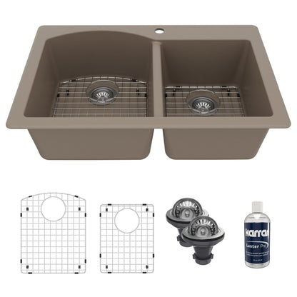 33" Top Mount Double Offset Bowl Quartz Composite Kitchen Sink Kit In Concrete