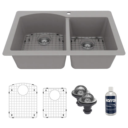 33" Top Mount Double Offset Bowl Quartz Composite Kitchen Sink Kit In Grey