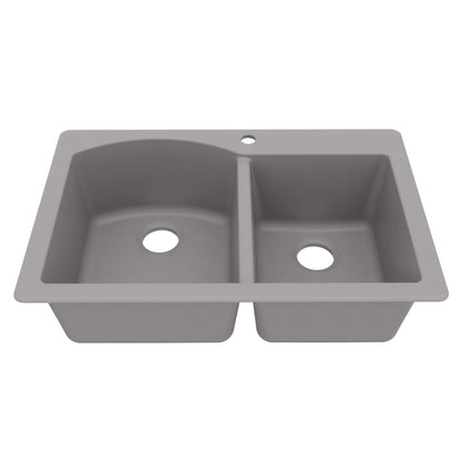 33" Top Mount Double Offset Bowl Quartz Composite Kitchen Sink In Grey