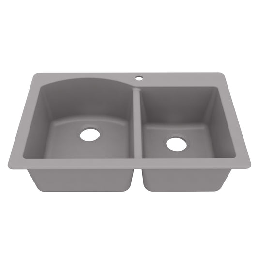 33" Top Mount Double Offset Bowl Quartz Composite Kitchen Sink In Grey