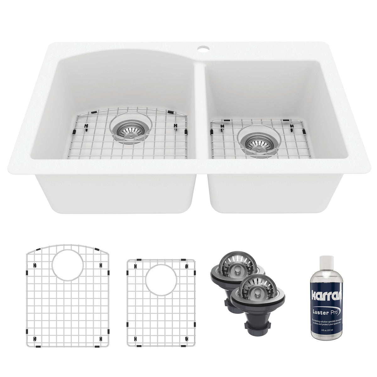 33" Top Mount Double Offset Bowl Quartz Composite Kitchen Sink Kit In White