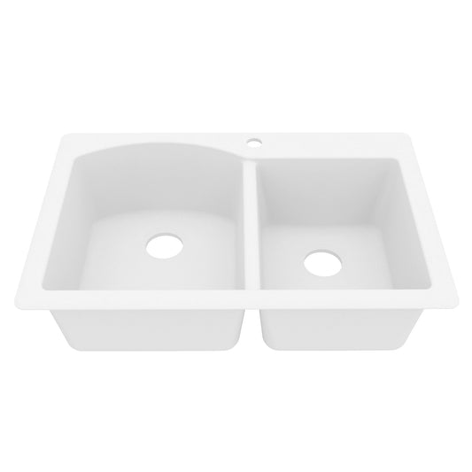 33" Top Mount Double Offset Bowl Quartz Composite Kitchen Sink In White