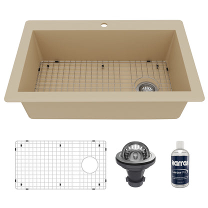 33" Top Mount Large Single Bowl Quartz Composite Kitchen Sink Kit In Bisque