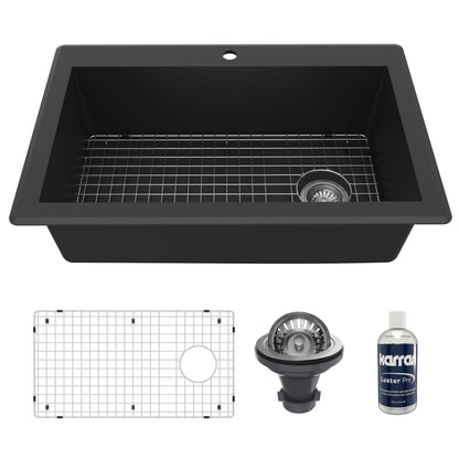33" Top Mount Large Single Bowl Quartz Composite Kitchen Sink Kit In Black