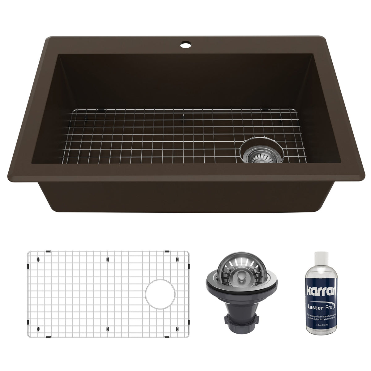 33" Top Mount Large Single Bowl Quartz Composite Kitchen Sink Kit In Brown