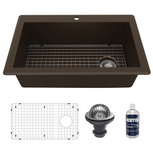 33" Top Mount Large Single Bowl Quartz Composite Kitchen Sink Kit In Brown