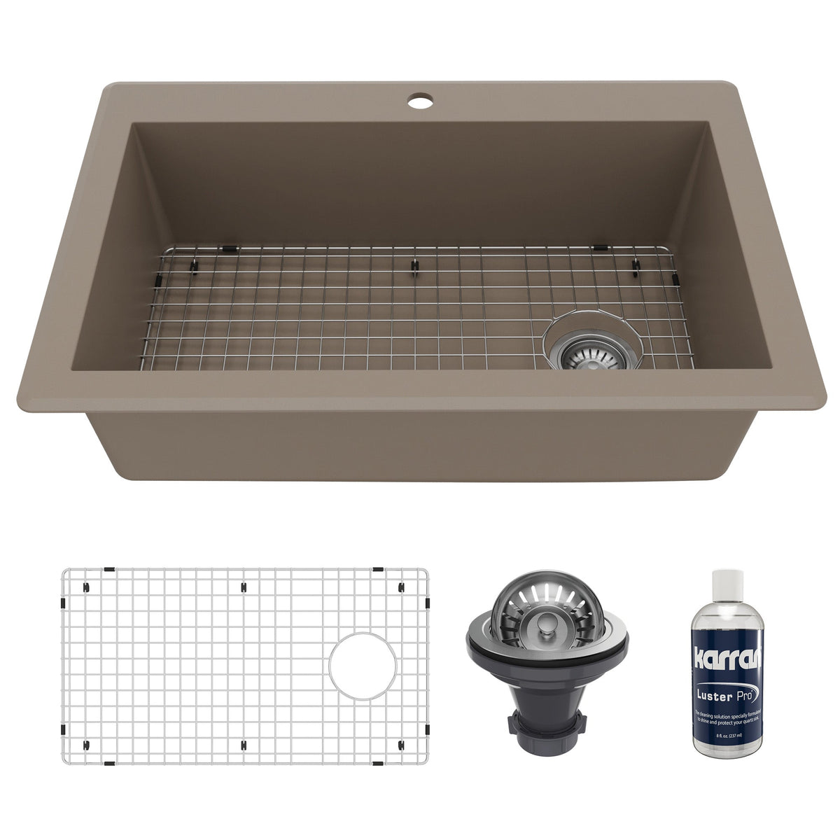 33" Top Mount Large Single Bowl Quartz Composite Kitchen Sink Kit In Concrete