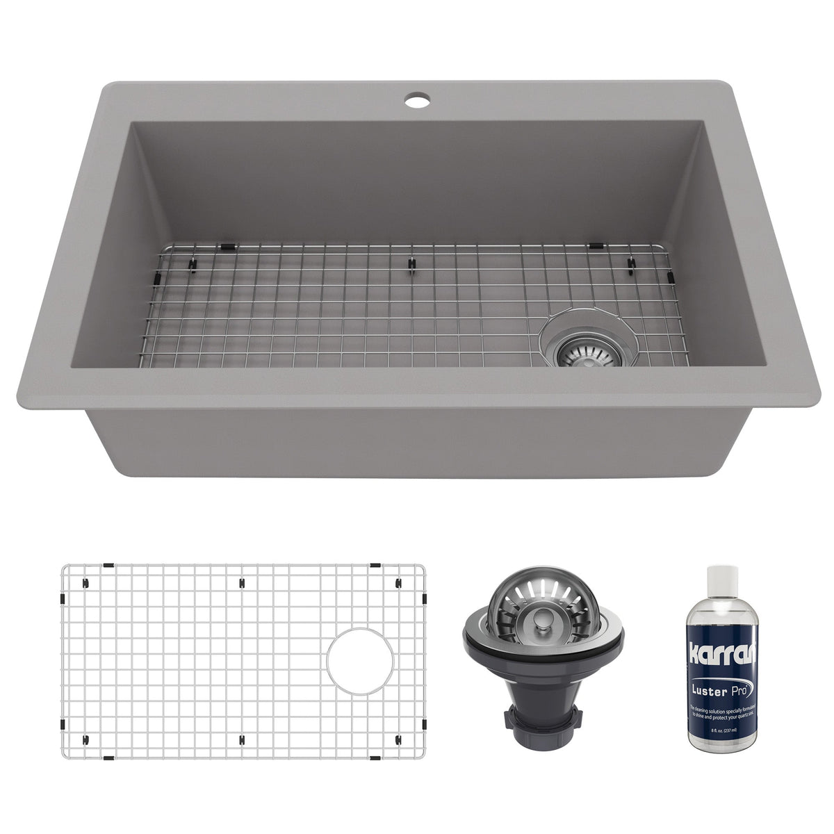 33" Top Mount Large Single Bowl Quartz Composite Kitchen Sink Kit In Grey