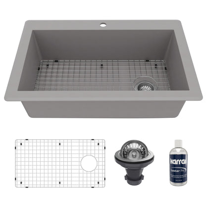 33" Top Mount Large Single Bowl Quartz Composite Kitchen Sink Kit In Grey