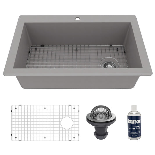 33" Top Mount Large Single Bowl Quartz Composite Kitchen Sink Kit In Grey