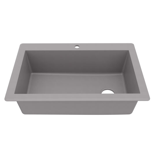 33" Top Mount Large Single Bowl Quartz Composite Kitchen Sink In Grey