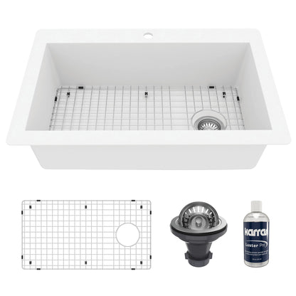 33" Top Mount Large Single Bowl Quartz Composite Kitchen Sink Kit In White