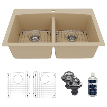 33" Top Mount Double Equal Bowl Quartz Composite Kitchen Sink Kit In Bisque