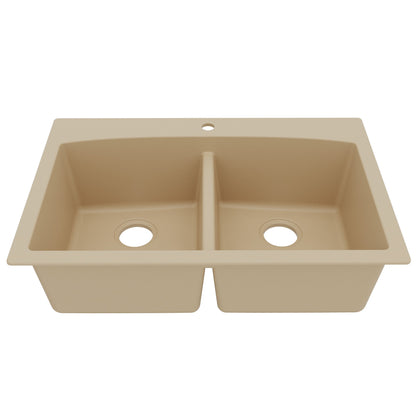 33" Top Mount Double Equal Bowl Quartz Composite Kitchen Sink In Bisque