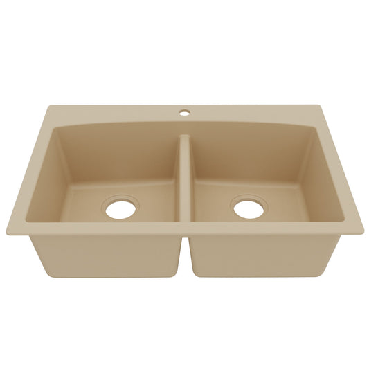 33" Top Mount Double Equal Bowl Quartz Composite Kitchen Sink In Bisque