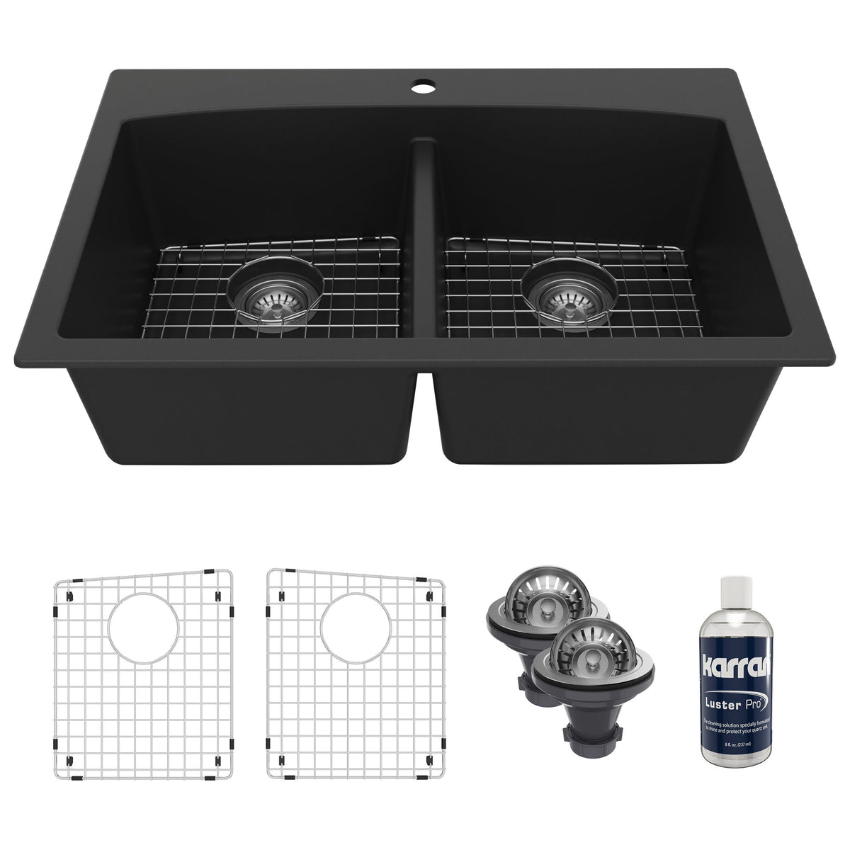 33" Top Mount Double Equal Bowl Quartz Composite Kitchen Sink Kit In Black