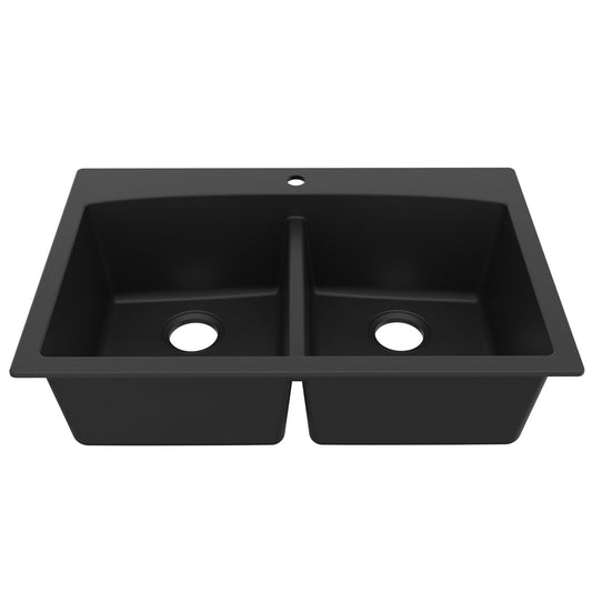 33" Top Mount Double Equal Bowl Quartz Composite Kitchen Sink In Black