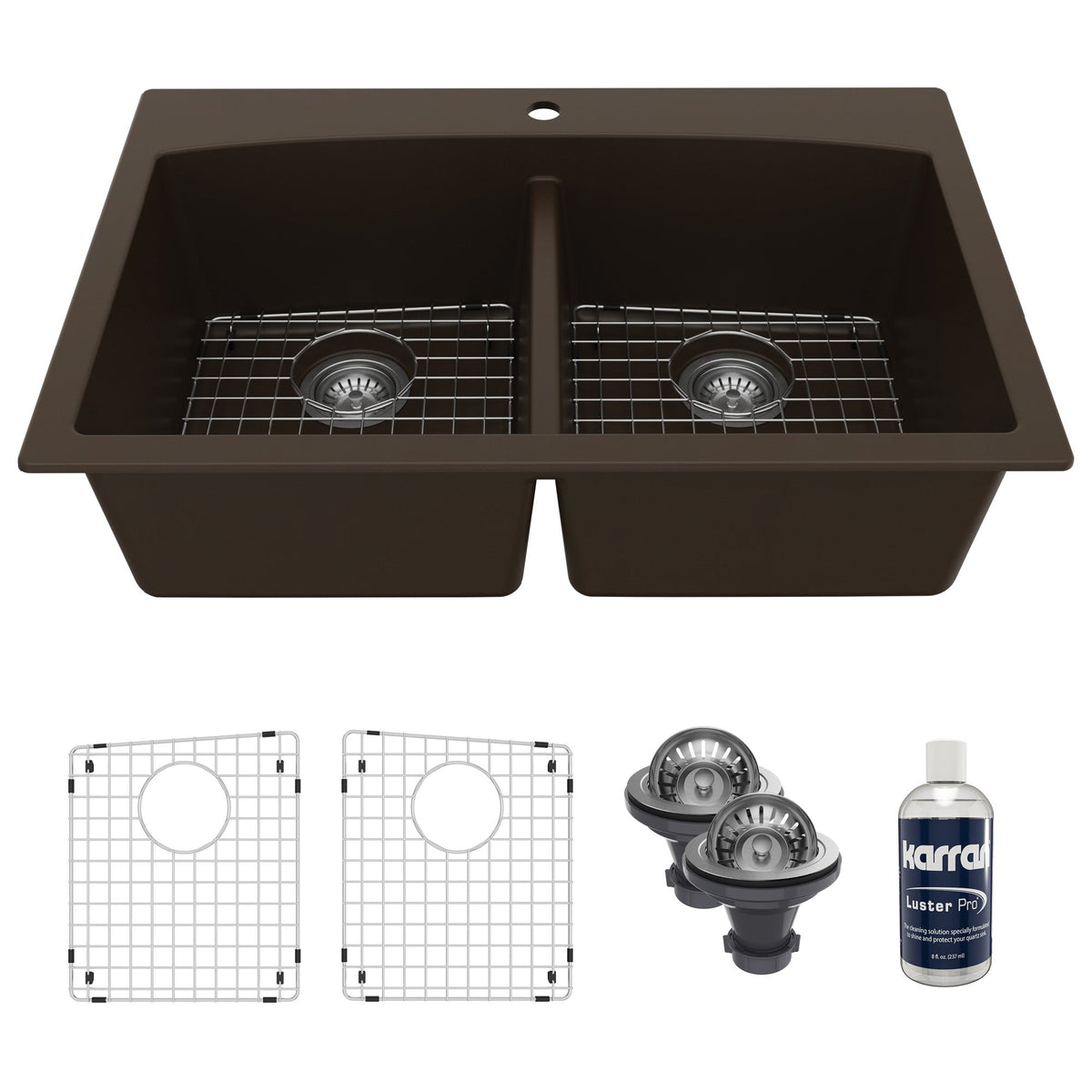 33" Top Mount Double Equal Bowl Quartz Composite Kitchen Sink Kit In Brown