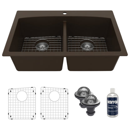 33" Top Mount Double Equal Bowl Quartz Composite Kitchen Sink Kit In Brown