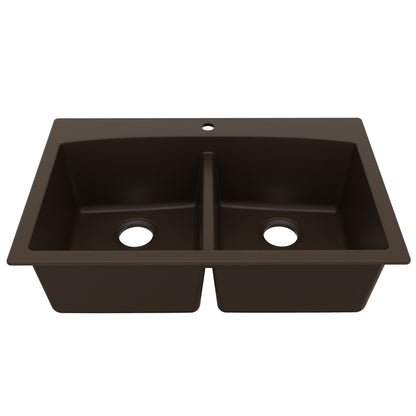 33" Top Mount Double Equal Bowl Quartz Composite Kitchen Sink In Brown
