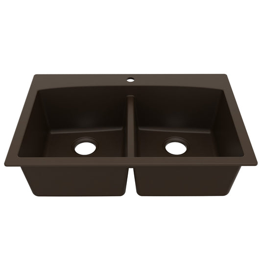 33" Top Mount Double Equal Bowl Quartz Composite Kitchen Sink In Brown