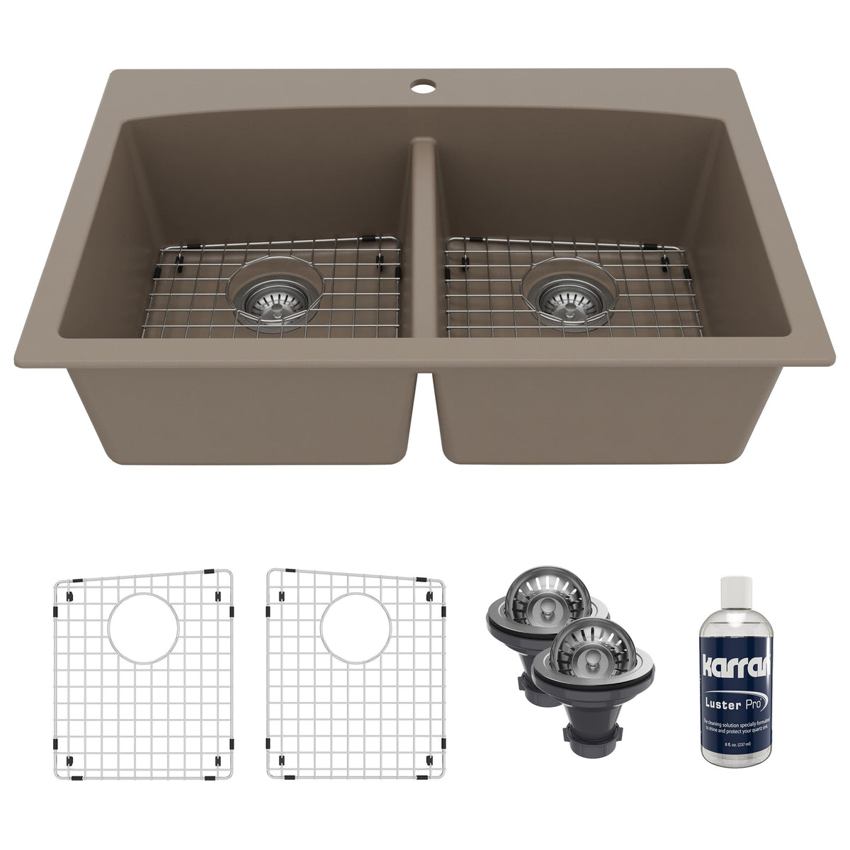 33" Top Mount Double Equal Bowl Quartz Composite Kitchen Sink Kit In Concrete