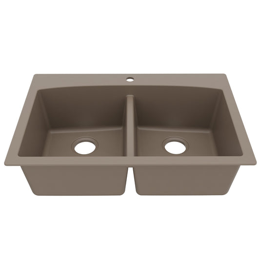 33" Top Mount Double Equal Bowl Quartz Composite Kitchen Sink In Concrete