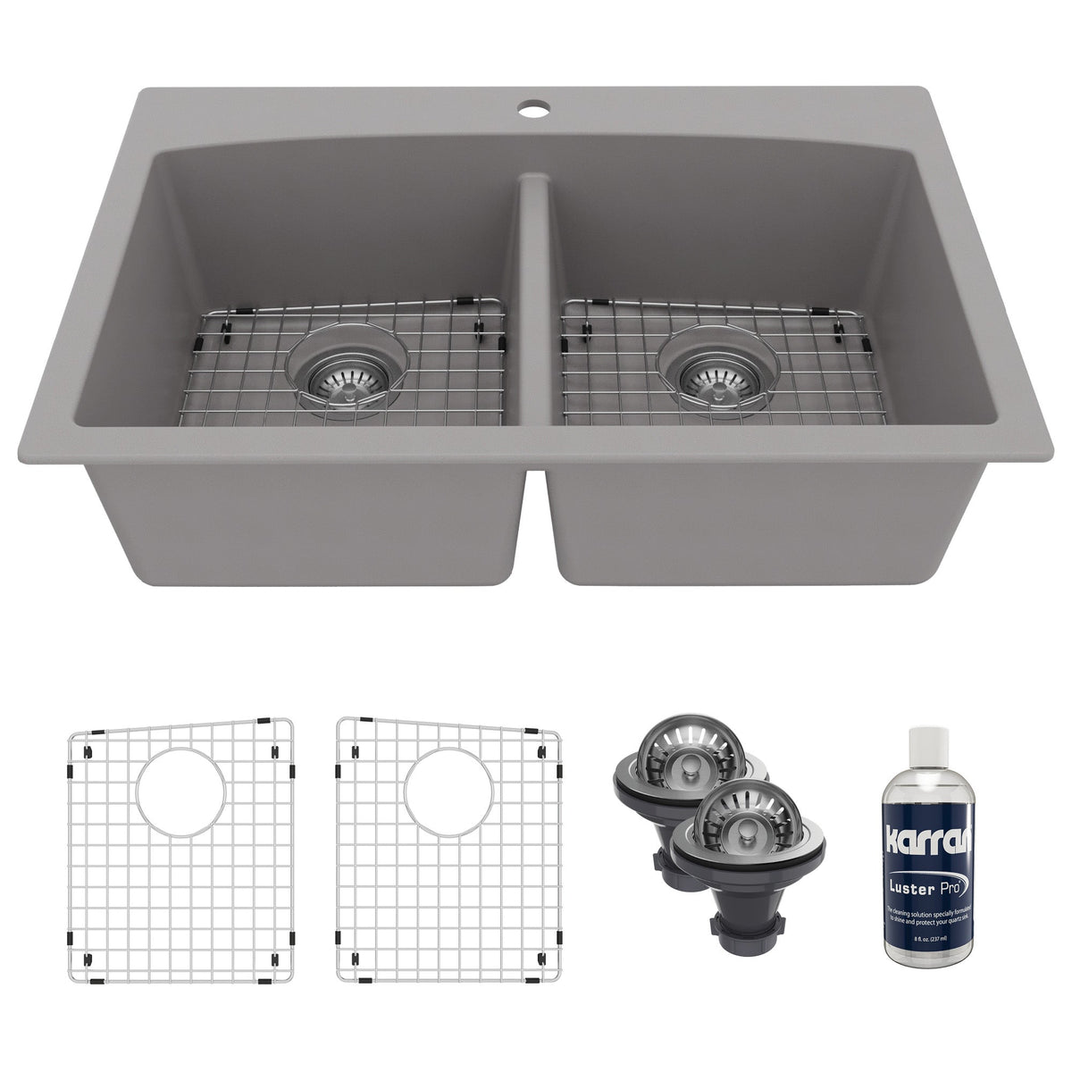 33" Top Mount Double Equal Bowl Quartz Composite Kitchen Sink Kit In Grey