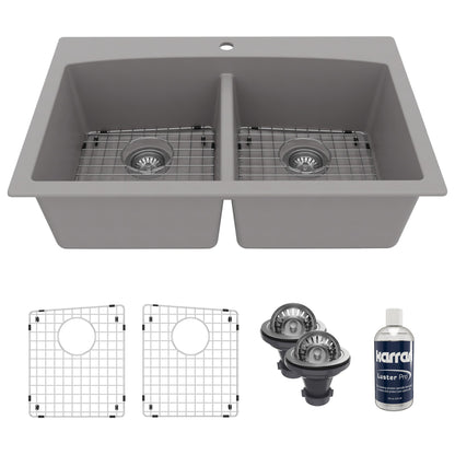 33" Top Mount Double Equal Bowl Quartz Composite Kitchen Sink Kit In Grey